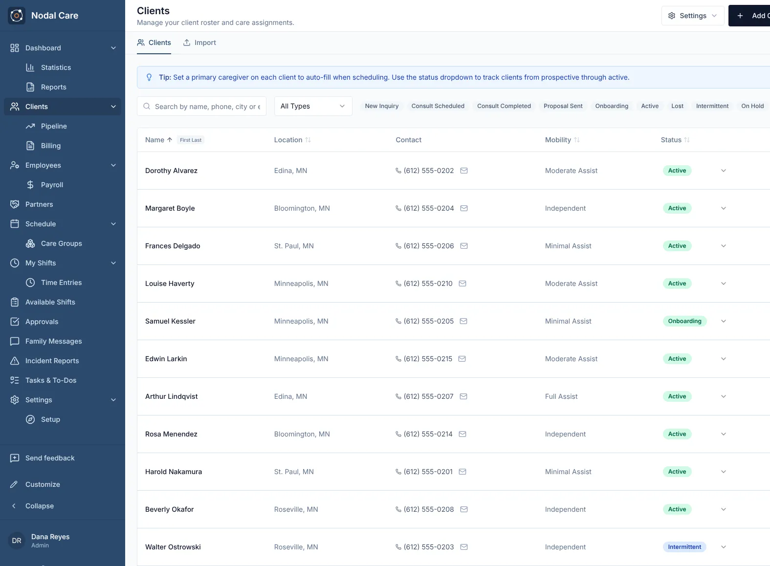Nodal client roster with location, contact, mobility, and status