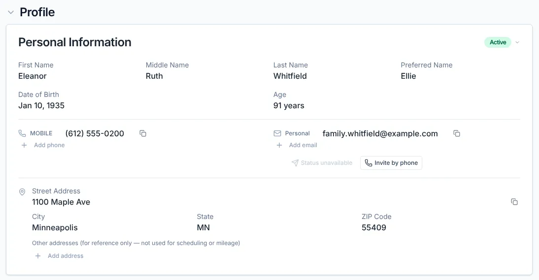 Nodal client profile with name, date of birth, contact details, and address