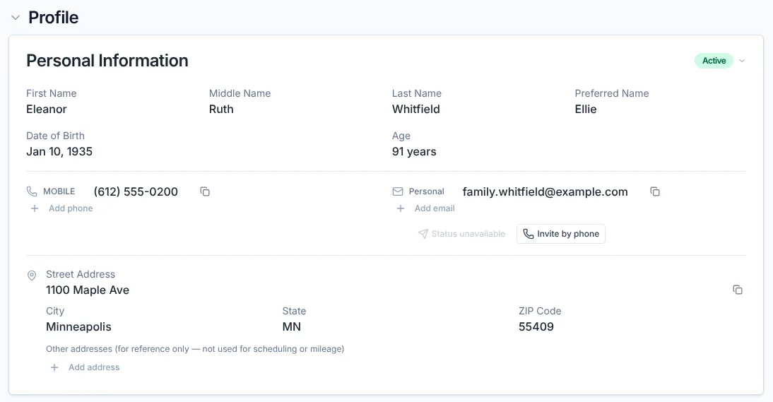 A client profile card with personal information, phone, email and address.