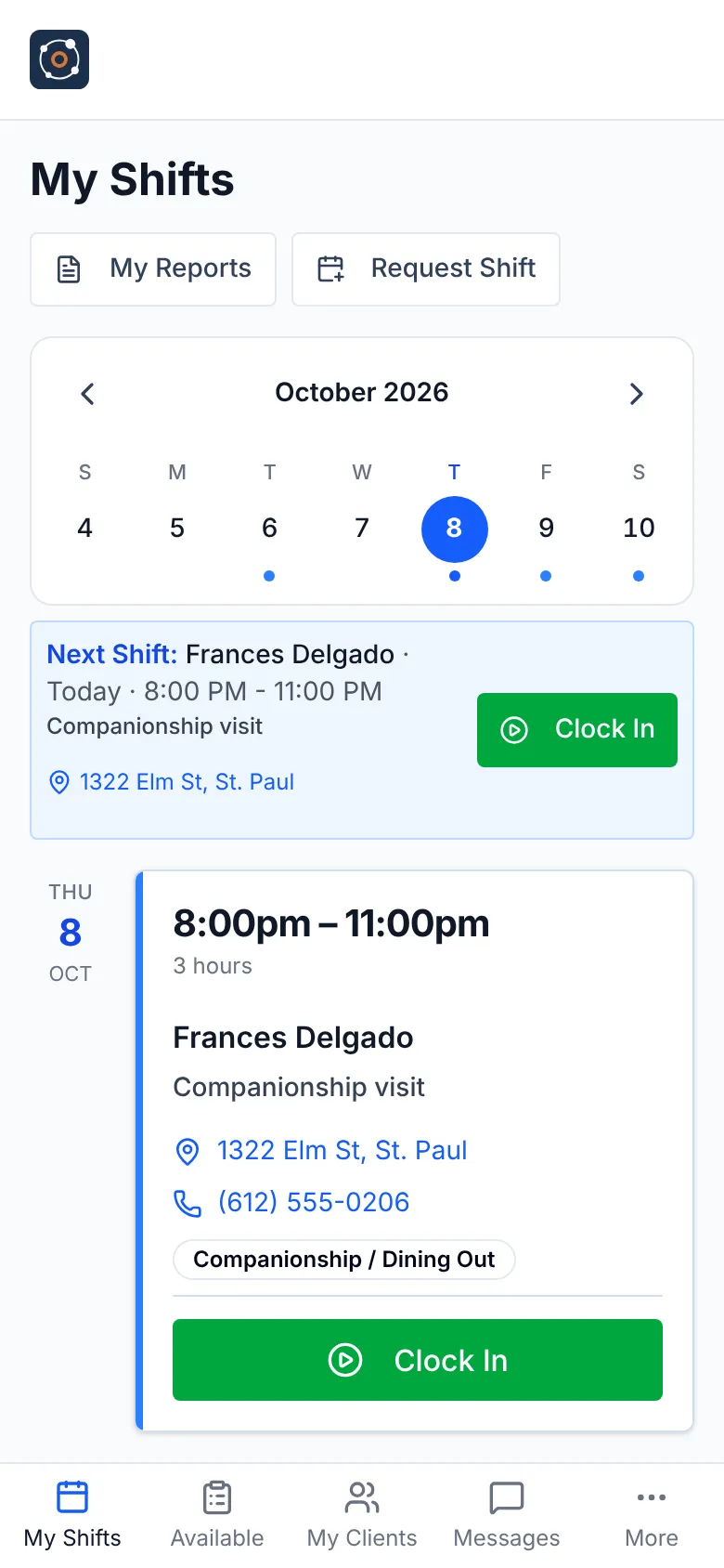 Nodal caregiver app showing the next shift with a Clock In button