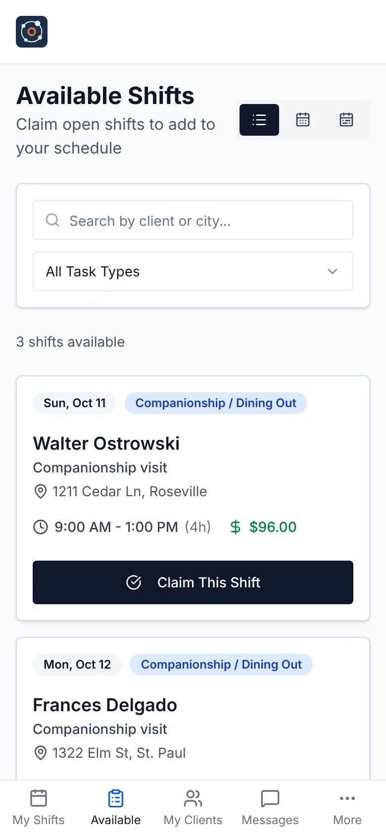 The caregiver app’s Available Shifts page, listing open shifts with a Claim This Shift button.