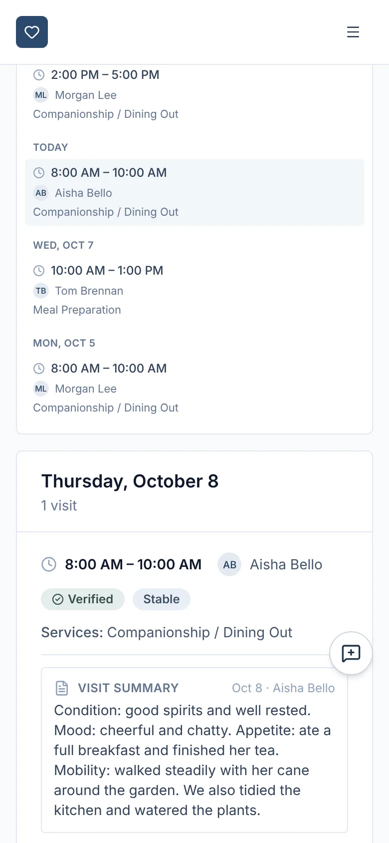 The family portal showing a verified visit with a summary covering condition, mood, appetite and mobility.