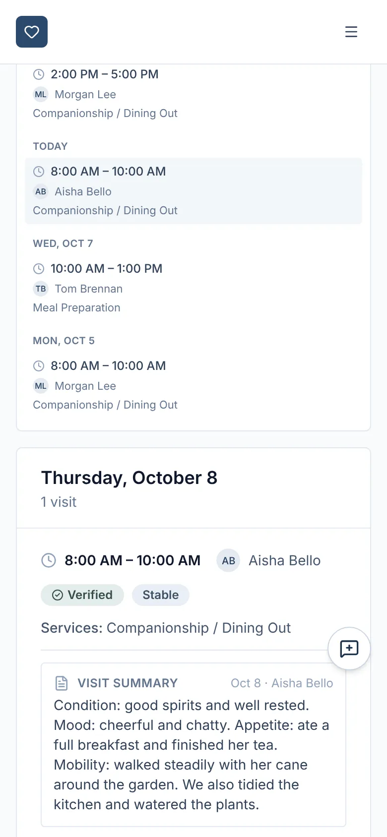 Nodal family portal on a phone showing a verified visit and the caregiver’s visit summary