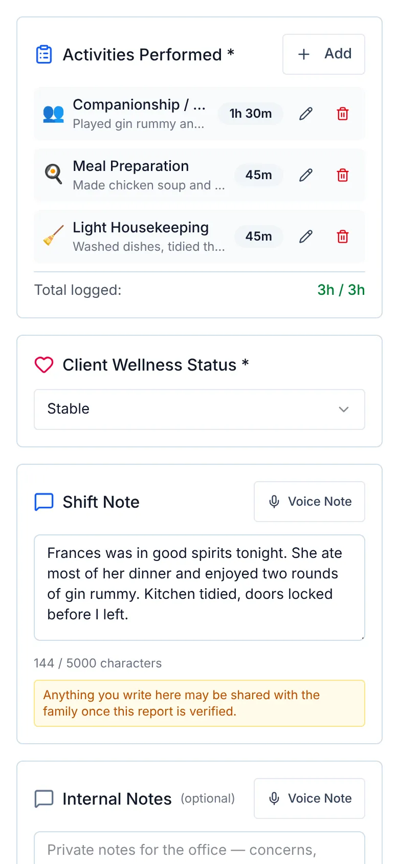 Nodal caregiver app shift report with activities performed, client wellness status, and a shift note