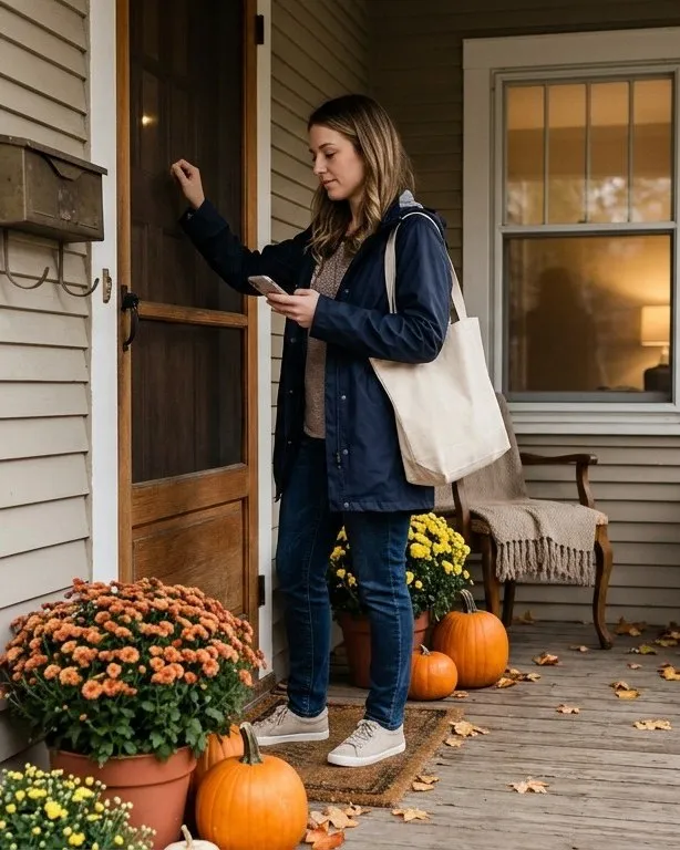 A caregiver checks her phone at a client’s front door