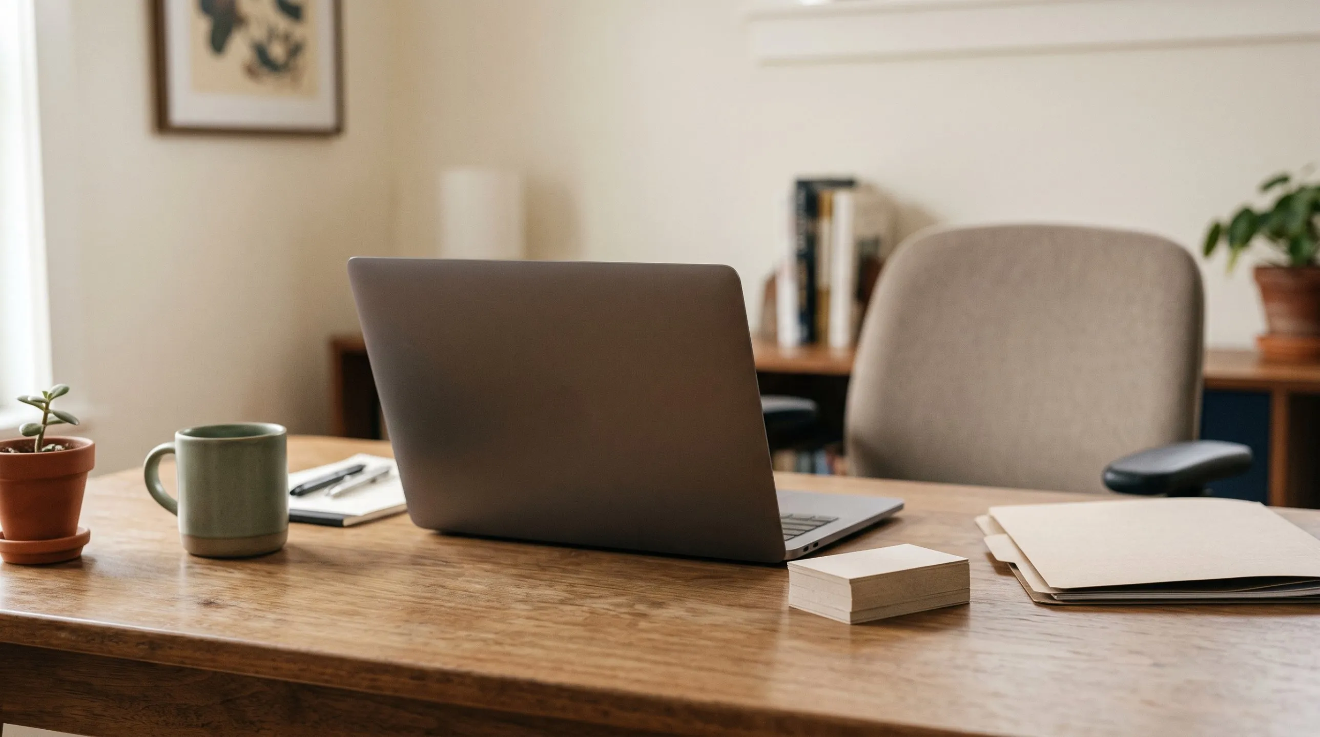 A tidy home-office desk with a laptop, a stack of business cards, a folder, and a mug
