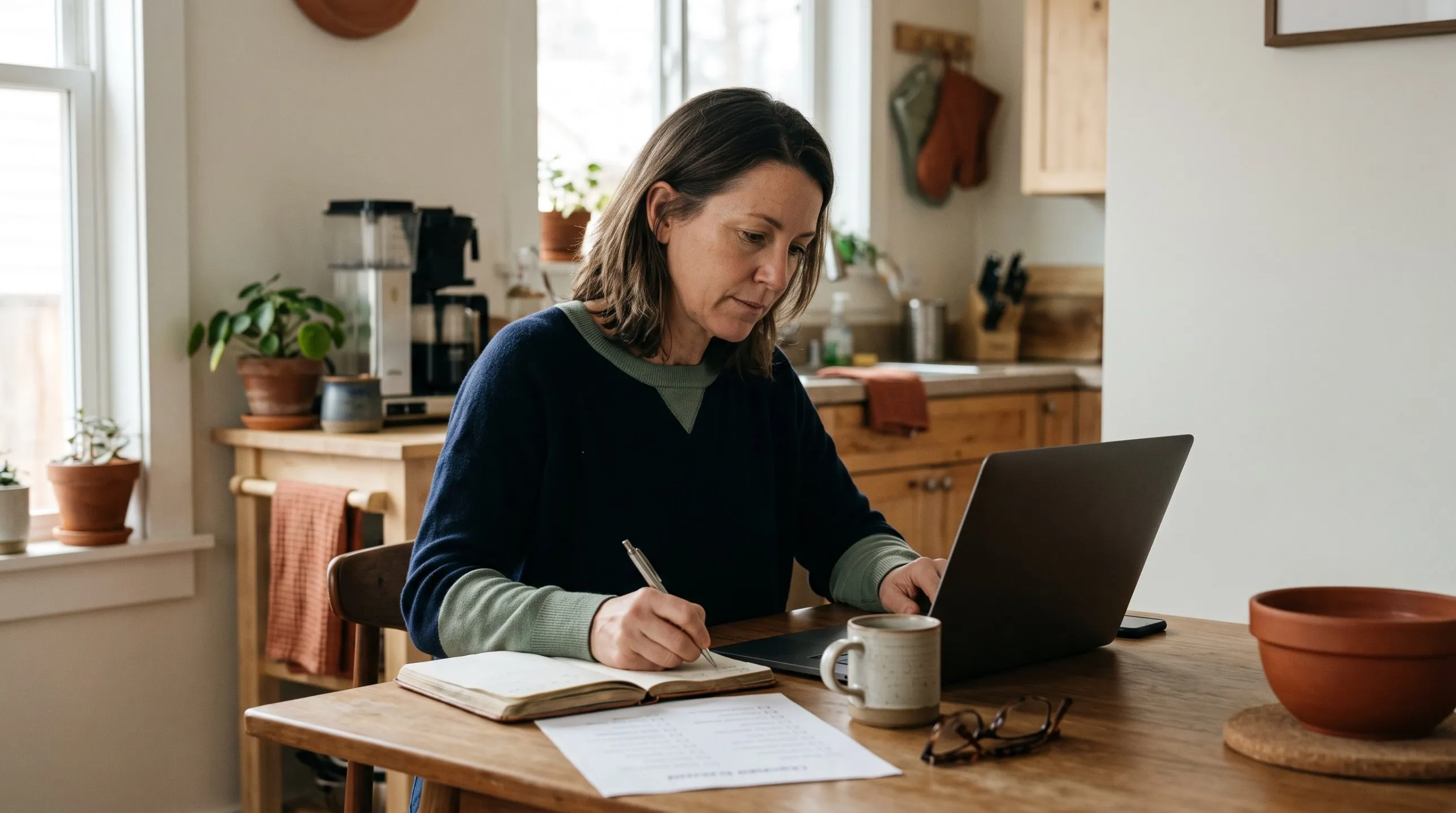 A woman at a kitchen table writing in a notebook beside a laptop, a printed checklist, and a coffee mug