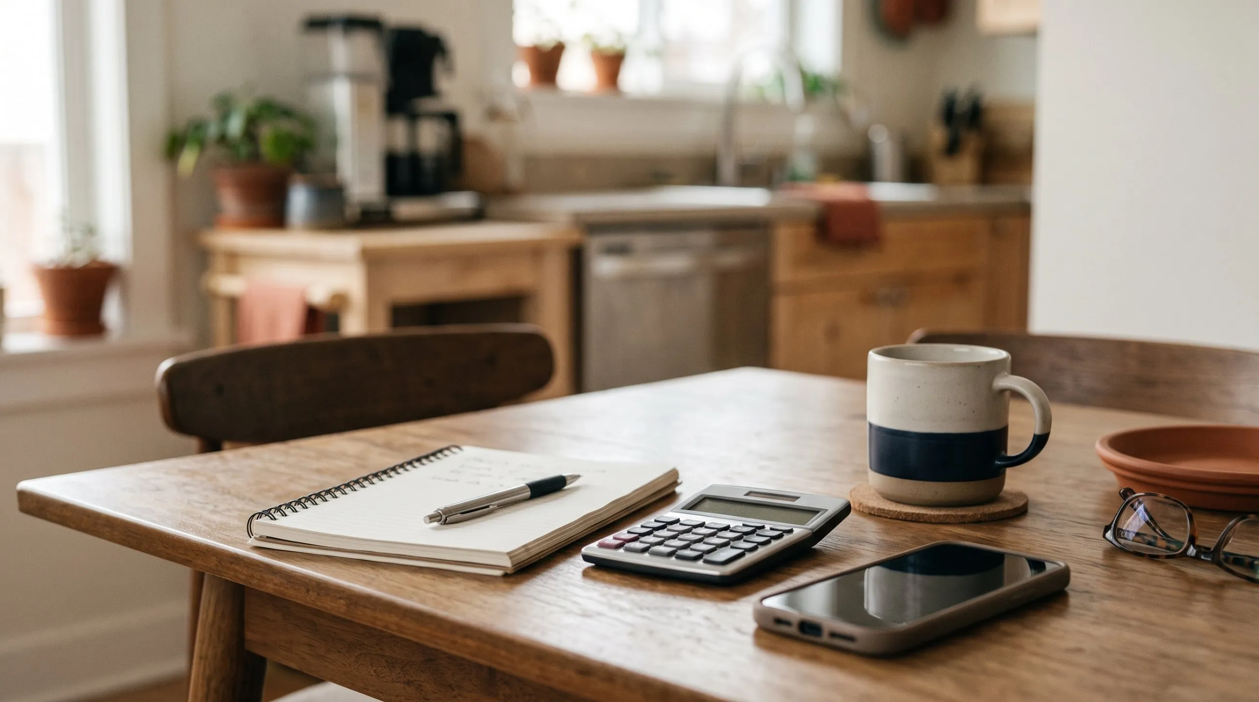 A notebook, a calculator, a phone, and a coffee mug on a wooden kitchen table